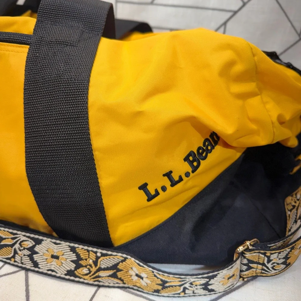 L.L. Bean Duffle Bag Large Yellow Black Floral Strap Travel Luggage Carry On